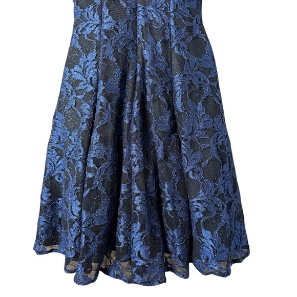 Nightway Celestial Navy Lace Overlay Fit Flare Dress 4 Sleeveless Party Cocktail - Picture 7 of 8